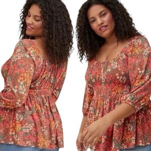 TORRID Floral Babydoll Smocked Waist Pullover Top NEW